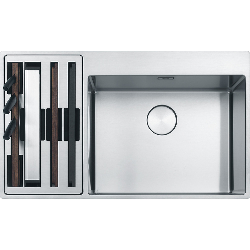 Фото Металлическая мойка Franke Box Center BWX 220-54-27 TL, аксессуары слева